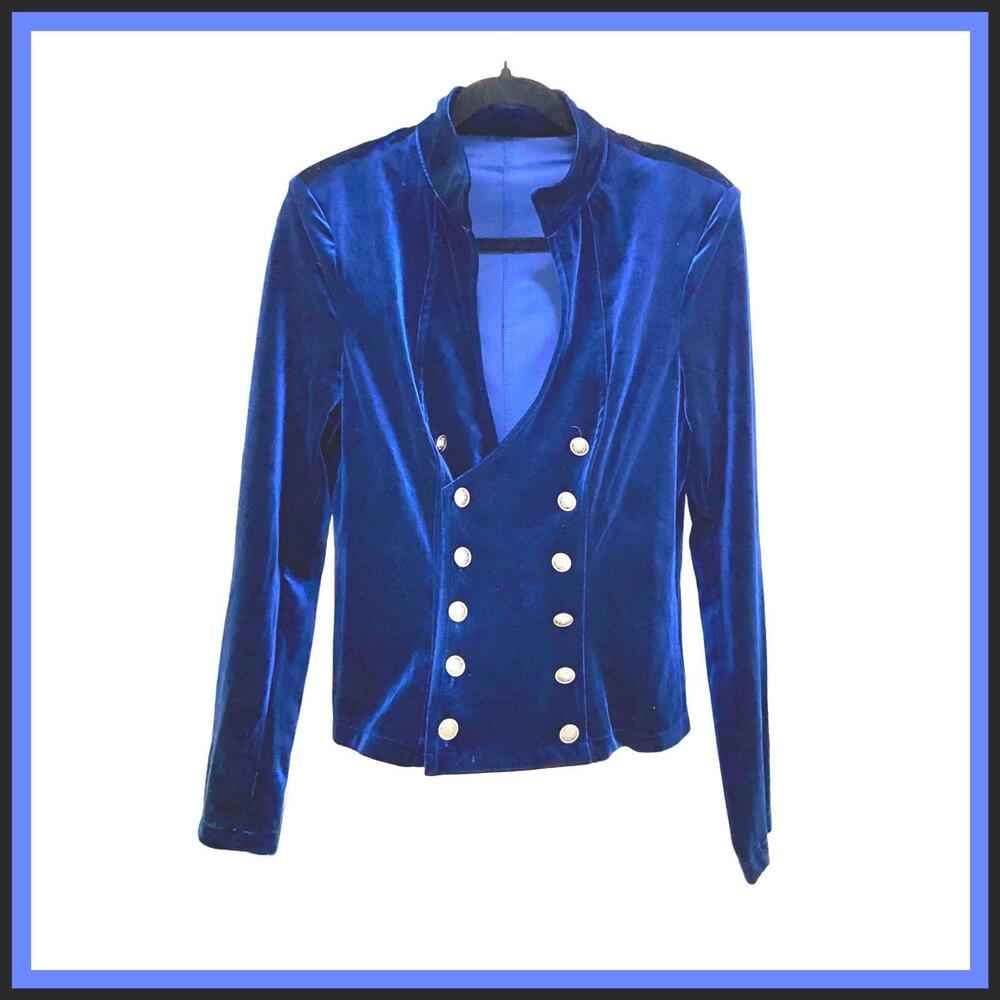 NEW Y2K Retro SZ S Velvet Blue Boho Double-Breast Button-Up Vintage Blazer Top - Picture 5 of 10